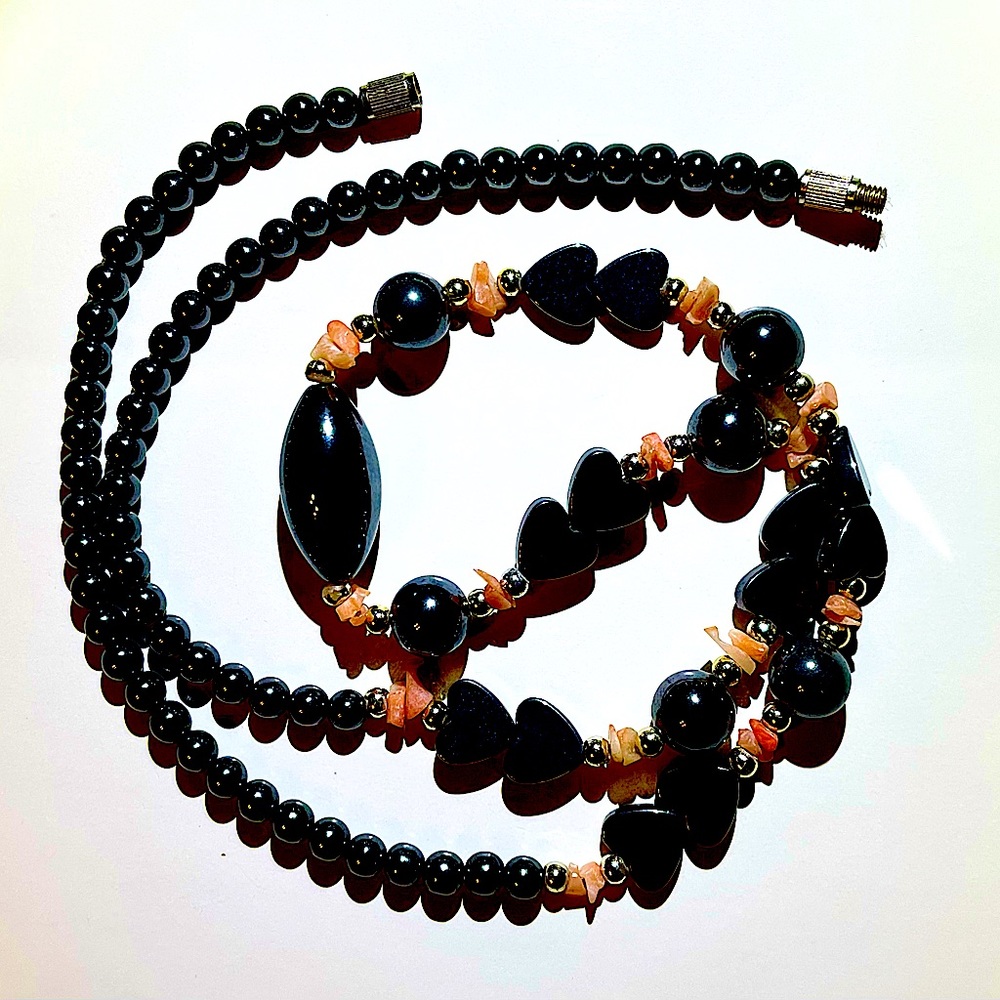 Vintage 20” Hematite Stone Necklace. With Heart Shaped Hematite stones.